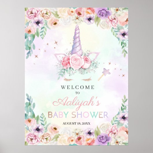 Pastel Rainbow Unicorn Baby shower Welkomstteken Poster (Voorkant)