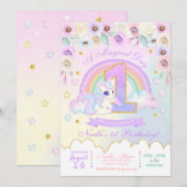 Pastel Rainbow Unicorn Eerste Verjaardag Uitnodigi Kaart (Voorkant / Achterkant)