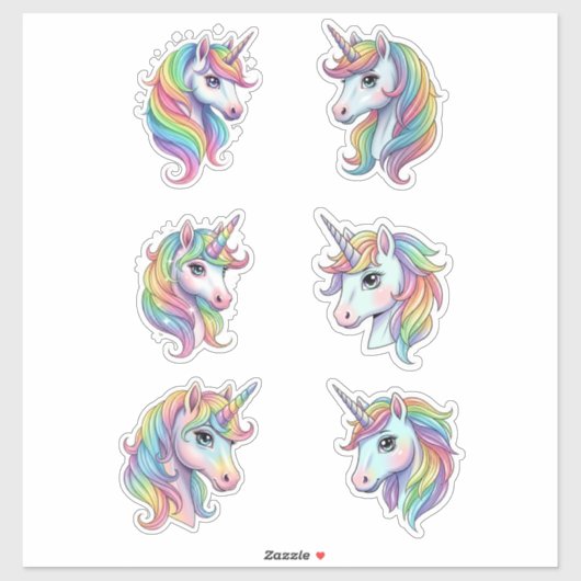 Pastel Rainbow Unicorn Faces Vinyl Sticker (Feuille)