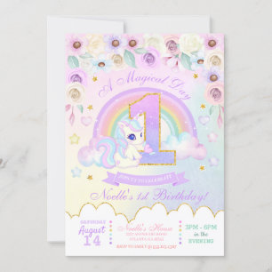 Pastel Rainbow Unicorn First Birthday Uitnodiging