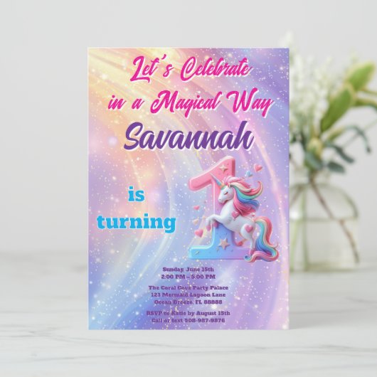 Pastel Rainbow Unicorn Première Invitation d'anniv (Debout devant)