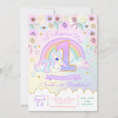 Pastel Rainbow Unicorn Première Invitation d'anniv (Devant)