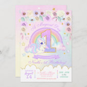 Pastel Rainbow Unicorn Première Invitation d'anniv (Devant / Derrière)