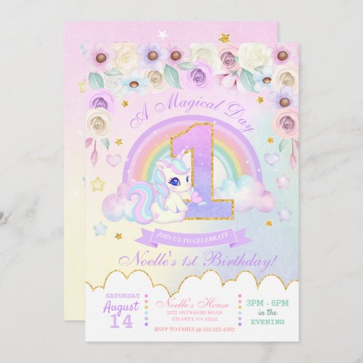 Pastel Rainbow Unicorn Première Invitation d'anniv (Devant / Derrière)
