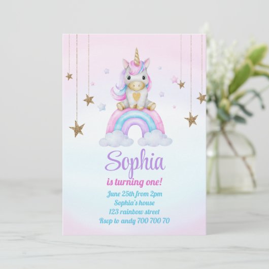 Pastel Rainbow Unicorn Sparkles 1e verjaardag Kaart (Staand voorkant)