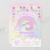 Pastel Rainbow Unicorn troisième invitation annive (Devant / Derrière)