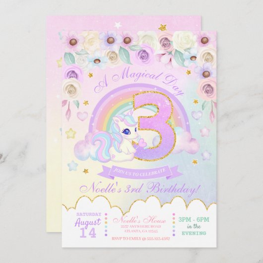 Pastel Rainbow Unicorn troisième invitation annive (Devant / Derrière)