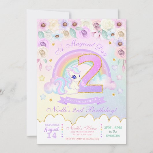 Pastel Rainbow Unicorn tweede uitnodiging op zater (Voorkant)
