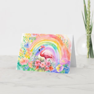 Pastel Rainbow Watercolor Carte Flamant rose Flora