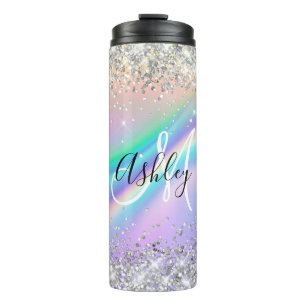 Pastel Rainbow Wave Ombre Silver Glitter Monogram Thermosbeker