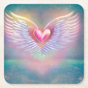 Pastel Rainbow Winged Heart Vierkante Kartonnen Onderzetter