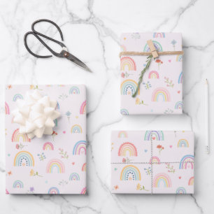 Pastel Rainbows Girly Wildflowers & Hearts Inpakpapier Vel