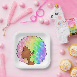 Pastel Regenboog Afro Portret Groovy Retro Krullen Papieren Bordje