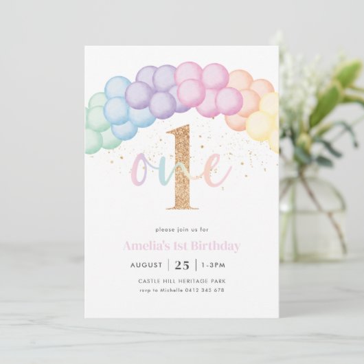 Pastel Regenboog Ballonboog 1e Verjaardagsfeestje Kaart (Staand voorkant)
