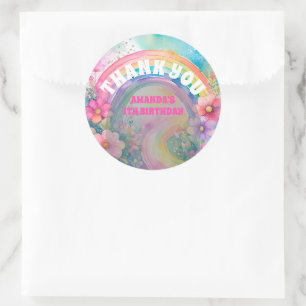 Pastel Regenboog Bloemen Retro Verjaardag Bedankt Ronde Sticker