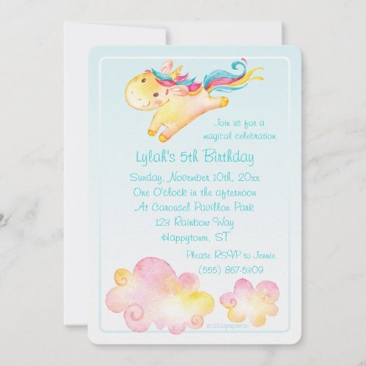 Pastel regenboog eenhoorn met zoete wolken kaart (Voorkant)