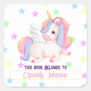 Pastel regenboog eenhoorn naam ex libris vierkante sticker
