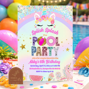 Pastel Regenboog Eenhoorn Zwembadfeest Uitnodiging