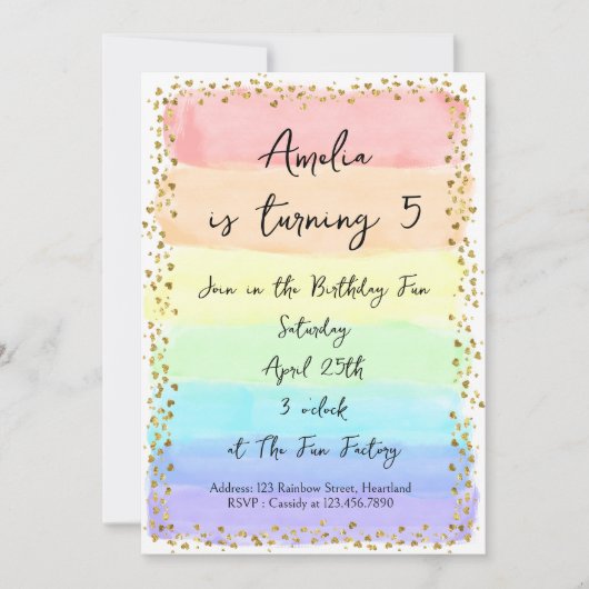 Pastel Regenboog en Gouden Harten Verjaardagskaart Kaart (Voorkant)