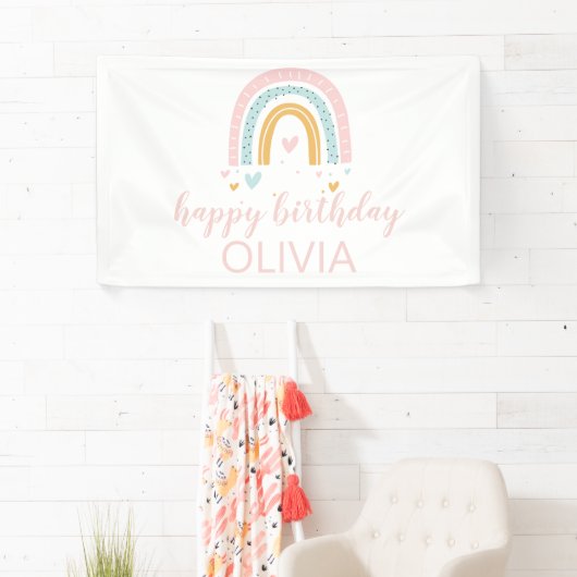Pastel regenboog en harten verjaardagsbanner spandoek (Insitu)