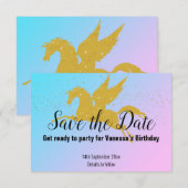 PASTEL REGENBOOG GOUD EENHOORN OPSLAAN DATUM RSVP KAARTJE (Voorkant / Achterkant)