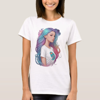 Pastel Regenboog Haar Meisje Stralend Geluk T-Shir T-shirt