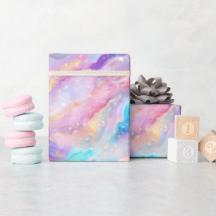 Pastel Regenboog Marmer met Gouden Glitters Cadeaupapier