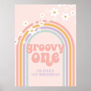 Pastel Regenboog Retro Groovy Een 1E Verjaardag Poster