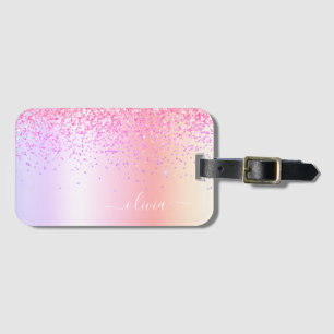 Pastel Regenboog Roze Goud Paars Glitter Monogram Bagagelabel