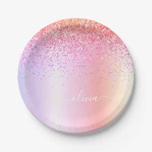 Pastel Regenboog Roze Goud Paars Glitter Monogram Papieren Bordje