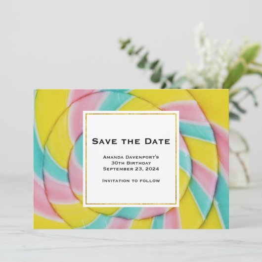 Pastel regenboog spiraal Snoep Save The Date (Staand voorkant)
