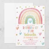 Pastel regenbooggoud meisje 1 verjaardag uitnodigi kaart (Voorkant / Achterkant)