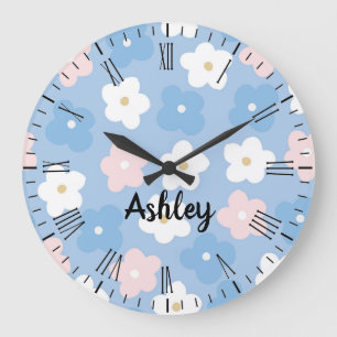 Pastel Retro Flowers op blauw Grote Klok