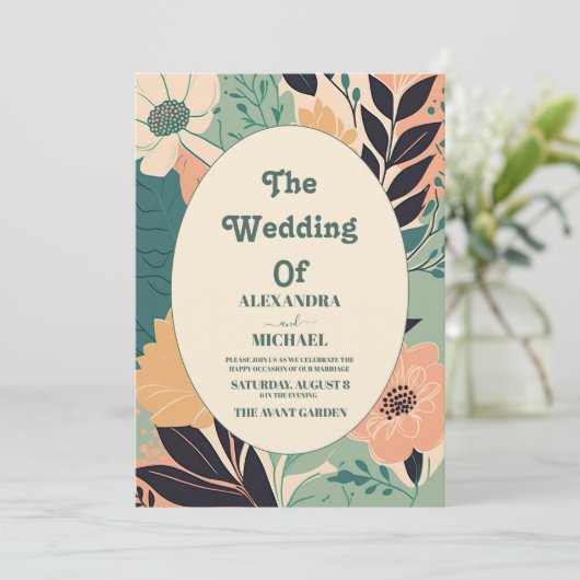 Pastel Retro Kleurrijke Bloemige Bruiloft Kaart (Staand voorkant)