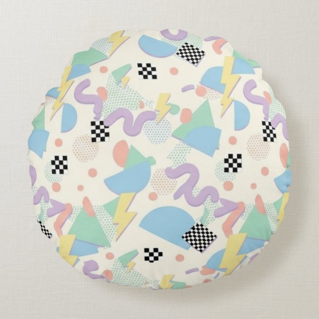 Pastel Retro Memphis Pattern Swirls Rond Kussen (Voorkant)