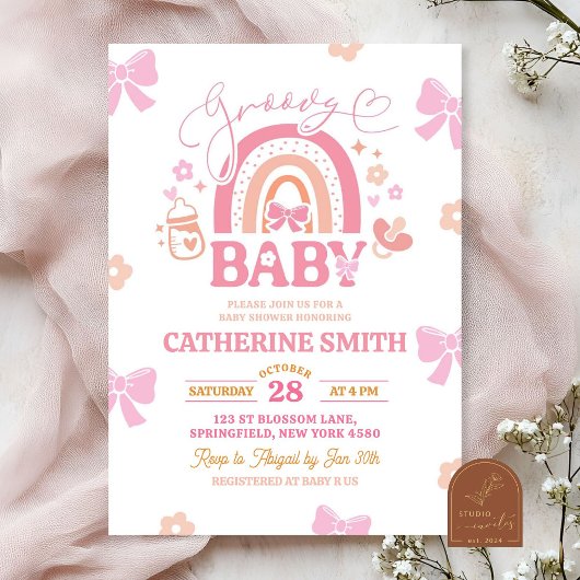 Pastel Retro Regenboog Baby shower Kaart