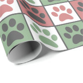Pastel Rood en groen Paw Print Controleer Patroon Cadeaupapier (Rol Hoek)