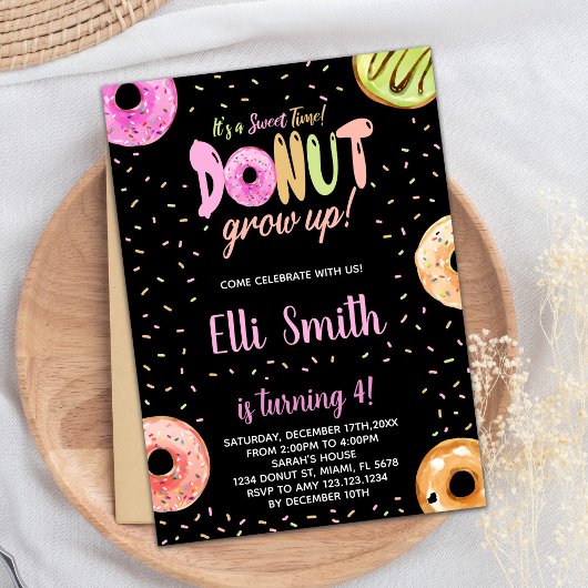 Pastel Rose Noir Donut Invitations Anniversaire