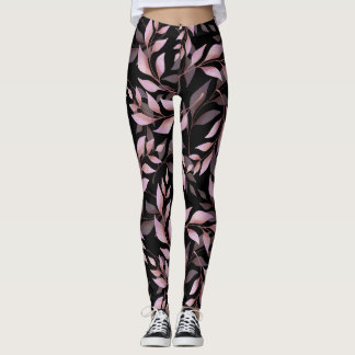 Pastel Roze Bladeren op Zwart Leggings