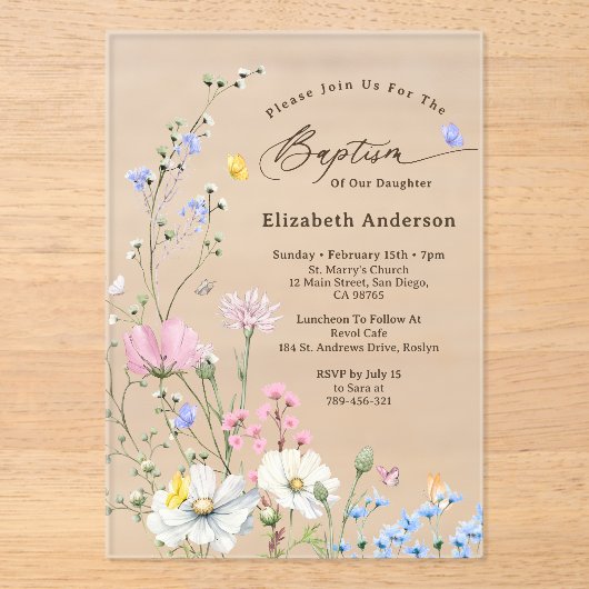 Pastel Roze & Blauw grillige Wildflower doop Acryl Uitnodigingen (Voorkant)