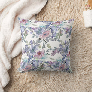Pastel Roze Blauw Paarse Bloemen Wit Kussen