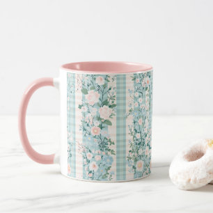 Pastel Roze Blauwe Waterverf Bloemen Gingham Mok