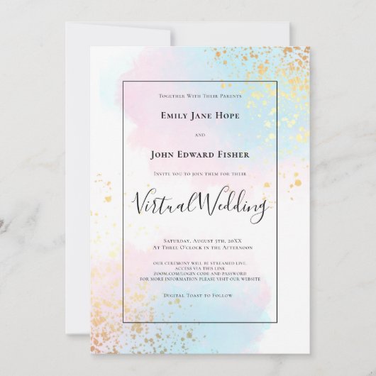 Pastel Roze Blauwgroen Waterverf Gold Virtual Wedd Kaart (Voorkant)