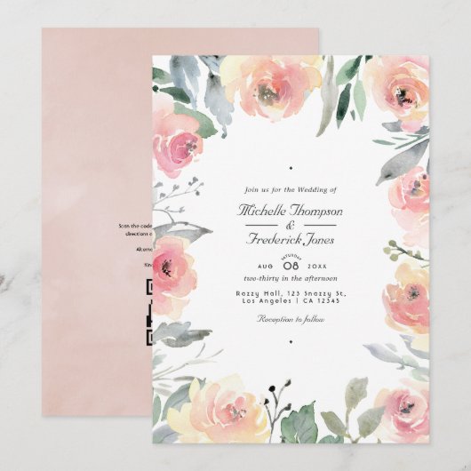 Pastel Roze Bloem QR Code RSVP Trouwfeest Kaart (Voorkant / Achterkant)