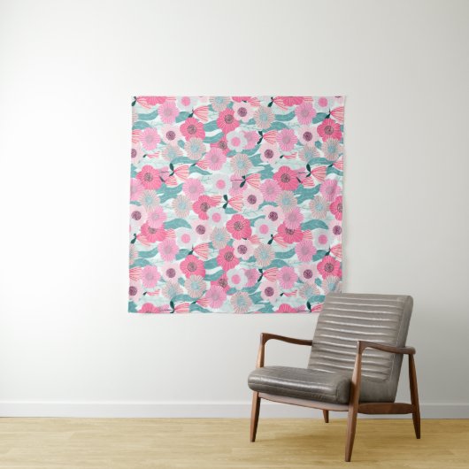 Pastel Roze Bloemen Abstract Patroon Wandkleed (In Situ (horizontaal))