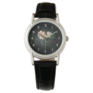  Pastel Roze Bloemen op Zwart Horloge