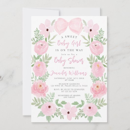 Pastel roze bloemenschattig strikje boho baby meis kaart (Voorkant)