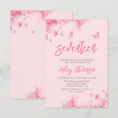 Pastel roze bloemenzachte waterverf 17e verjaardag kaart (Voorkant / Achterkant)