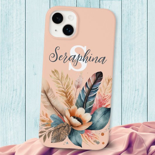 Pastel roze  bloemig Elegant monogram Case-Mate iPhone Case