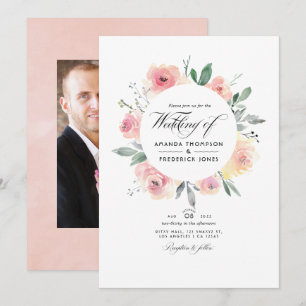 Pastel Roze Bloemige Trouwfoto Kaart